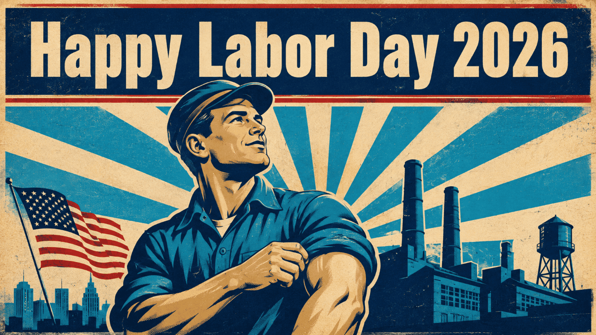 Happy Labor Day 2026 vintage poster of an American worker rolling up his sleeve with a factory and flag